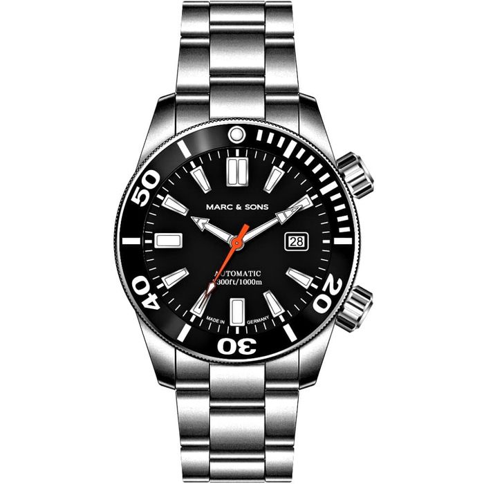 Marc & Sons Professional Automatic Diver Men's Watch 46mm Black Bezel/Black Dial/Orange S-Hand MSD-028-24S2